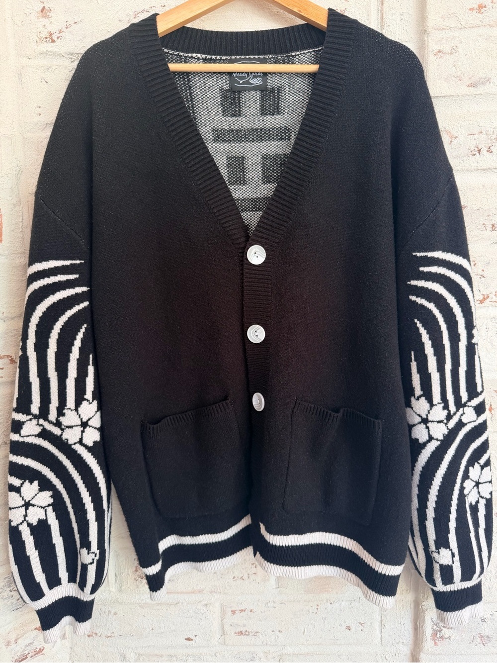 Steady Hands Black Graphic Cardigan M/L Cherry Blossom Oversized Sweater Unisex